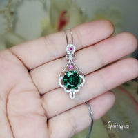 4 CT Emerald Necklace Sterling Silver Flower Tassel 10mm Round Green Gemstone Pendant Diamond White Gold Plated May Birthstone 1025