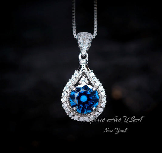 Round Blue Sapphire Gemstone Teardrop Necklace - Sterling Silver White Gold coated Sapphire Pendant #386