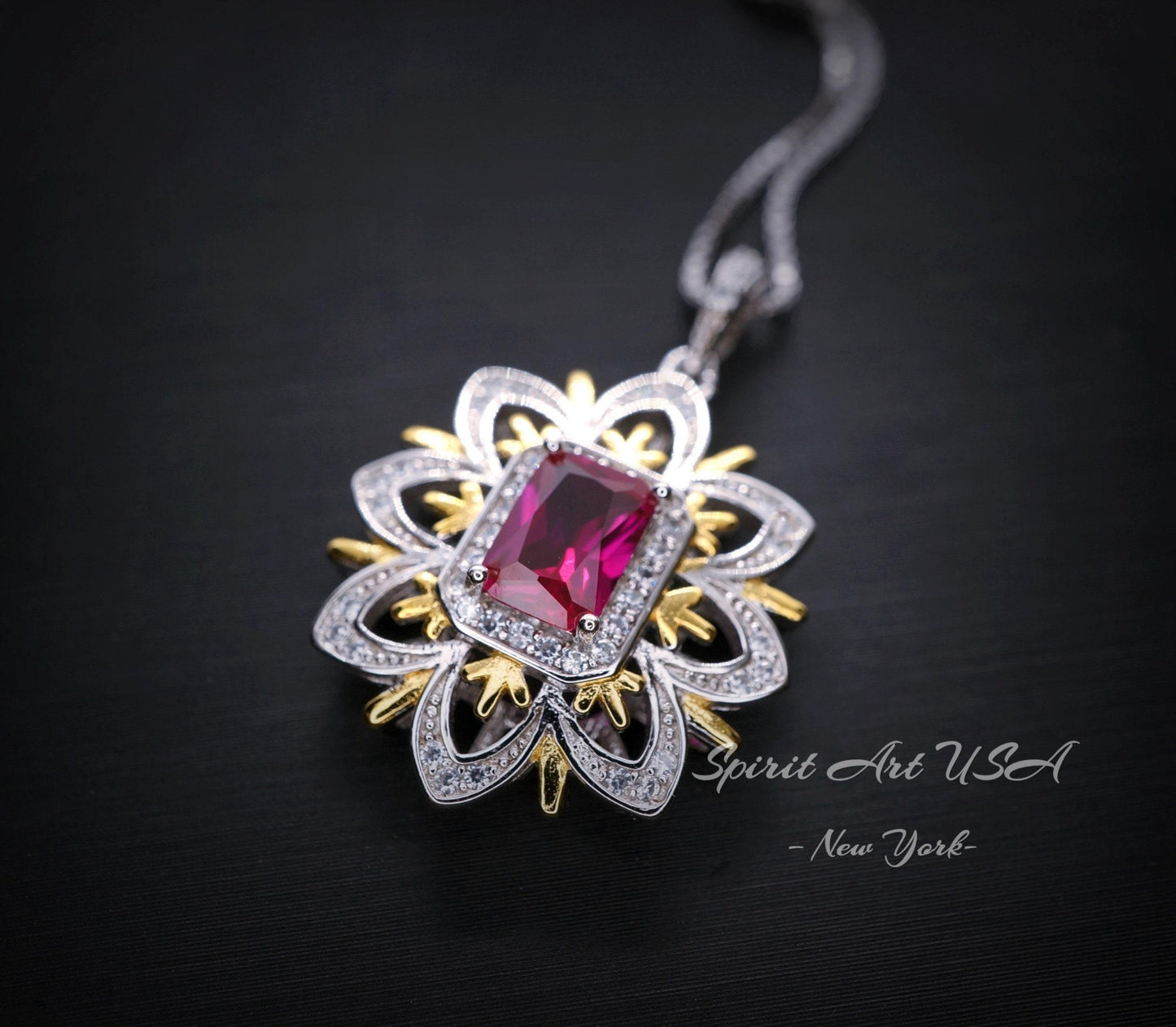 Ruby Necklace -Water Lily Flower Pendant - White Plated Sterling Silver - 1 CT Ruby Pendant - Goddess Athena Necklace #560