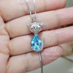 Aquamarine Necklace -Sterling Silver Fox Pendant - 2.5 CT Pendant Teardrop Pear Cut - Deep Sky Blue - Aquamarine Jewelry - 18KGP #442