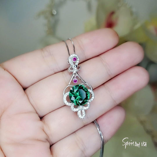 4 CT Emerald Necklace Sterling Silver Flower Tassel 10mm Round Green Gemstone Pendant Diamond White Gold Plated May Birthstone 1025