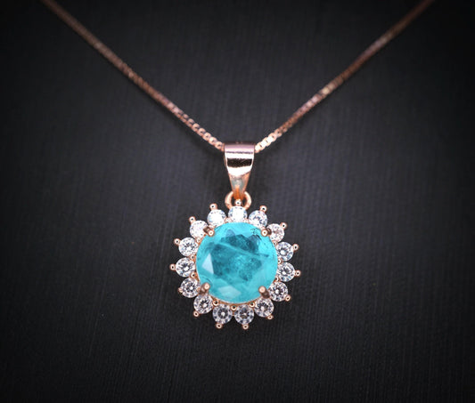 Blue Paraiba Tourmaline Necklace 8mm- Rose Gold Coated 925 Sterling Silver Princess Diana Style Hola Paraiba Pendant 085