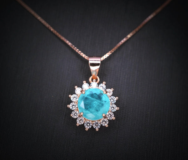 Blue Paraiba Tourmaline Necklace 8mm- Rose Gold Coated 925 Sterling Silver Princess Diana Style Hola Paraiba Pendant 085