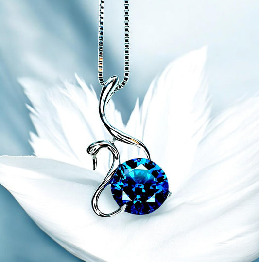 Sapphire Necklace Sterling Silver Swan Jewelry - 18KGP 1.8 ct Round Blue Sapphire Pendant - Simple September Birthstone Bird Lover #157