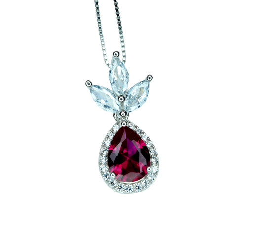 Sterling Silver Ruby Jewelry three-petal flower style Teardrop Ruby Pendant 18KGP White gold coated Adjustable Chain #421