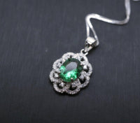Emerald Necklace - 925 Sterling Silver Flower Green Emerald Pendant - Sim Gemstone Pendant - May Birthstone #240