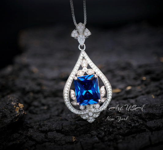 Blue Sapphire Necklace - Spirit Royal Flower Jewelry - 5 Ct Radiant Cut Large Blue Sapphire Pendant - 18KGP Sterling Silver #872