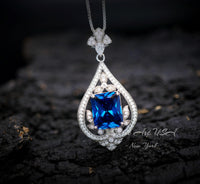 Blue Sapphire Necklace - Spirit Royal Flower Jewelry - 5 Ct Radiant Cut Large Blue Sapphire Pendant - 18KGP Sterling Silver #872