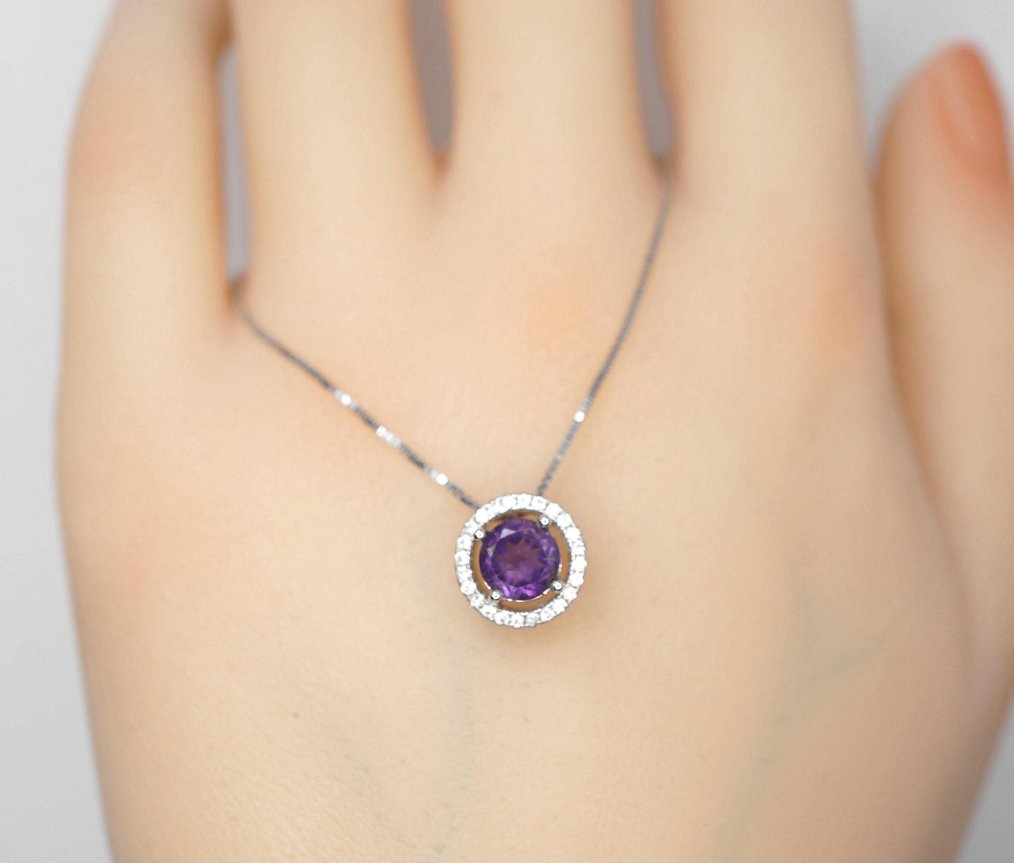 Tiny natural Amethyst Choker Sterling Silver Round Circle Natural Genuine Amethyst Necklace