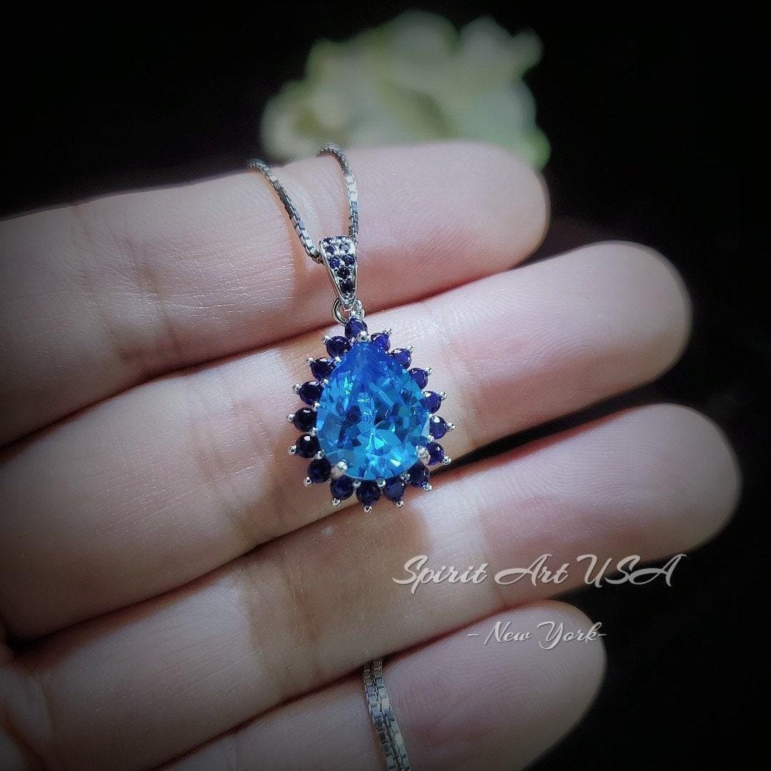 Large Blue Topaz Necklace - Blue Sapphire Halo - Blue Topaz Pendant - Teardrop Blue Topaz Jewelry - 18kgp @ Sterling Silver - 4 CT #598
