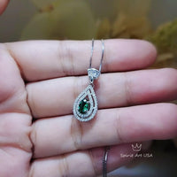 Double Halo Emerald Necklace - Gemstone Teardrop Emerald Pendant - Royal Crown Sterling Silver 18KGP Dainty May Birthstone green #244