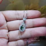 Double Halo Emerald Necklace - Gemstone Teardrop Emerald Pendant - Royal Crown Sterling Silver 18KGP Dainty May Birthstone green #244