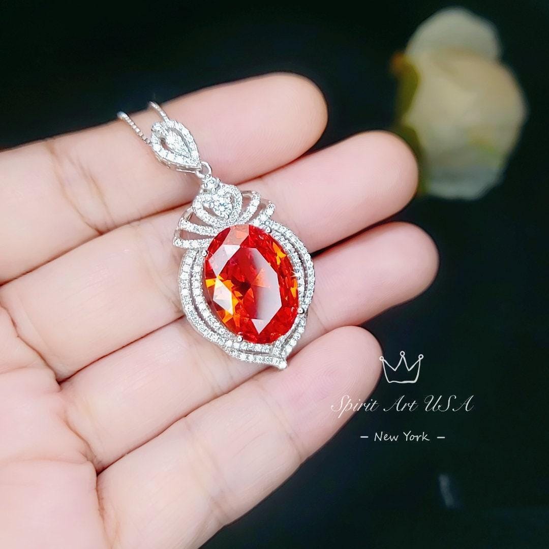 Large Sunstone Necklace, Full Sterling Silver Royal Gemstone Crown Created Orange Gemstone 13CT Sun Stone Pendant Jewelry #912