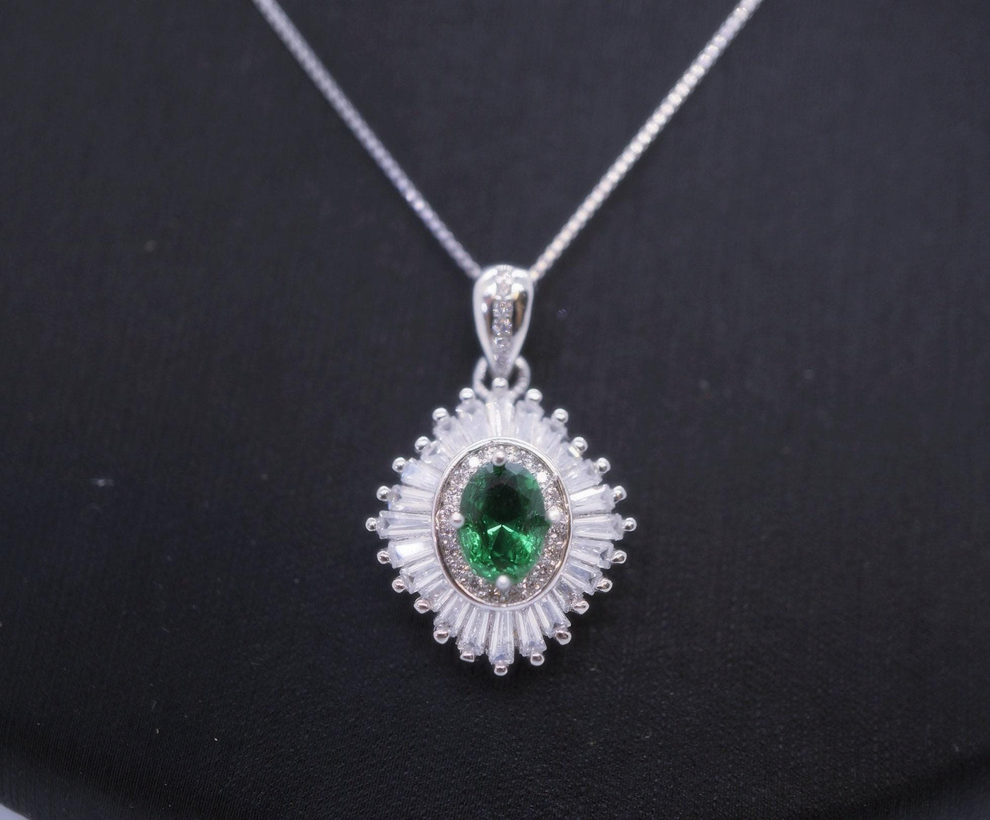 Gemstone Emerald Necklace White Gold plated Sterling Silver Green Gemstone Pendant Double Surround Star Dainty May Birthstone #960