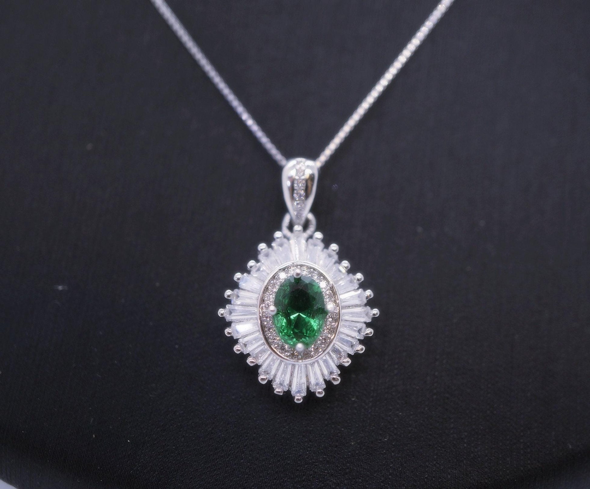 Gemstone Emerald Necklace White Gold plated Sterling Silver Green Gemstone Pendant Double Surround Star Dainty May Birthstone #960