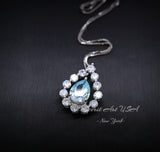 Aquamarine Necklace, Sterling Silver Blue Aquamarine Pendant Gemstone Halo Teardrop Blue Aquamarine Jewelry - March Birthstone - 18kgp #47