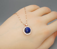 Genuine Lapis Lazuli Necklace Rose Gold Coated Sterling Silver Round Halo Solitaire Princess Diana Style Third Eye Healing Lapis Pendant 373