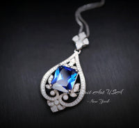 Blue Sapphire Necklace - Spirit Royal Flower Jewelry - 5 Ct Radiant Cut Large Blue Sapphire Pendant - 18KGP Sterling Silver #872