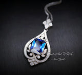 Blue Sapphire Necklace - Spirit Royal Flower Jewelry - 5 Ct Radiant Cut Large Blue Sapphire Pendant - 18KGP Sterling Silver #872