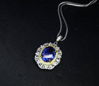 Large Tanzanite Necklace Gemstone Lotus Solitaire 3 CT Blue Gemstone Pendant December Birthstone White Gold plated #712