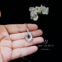 Large Ruby Necklace - Sterling Silver Teardrop Solitaire Gemstone Flower Petal Pear Ruby Pendant - Flower Feather Style #715