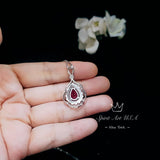 Large Ruby Necklace - Sterling Silver Teardrop Solitaire Gemstone Flower Petal Pear Ruby Pendant - Flower Feather Style #715
