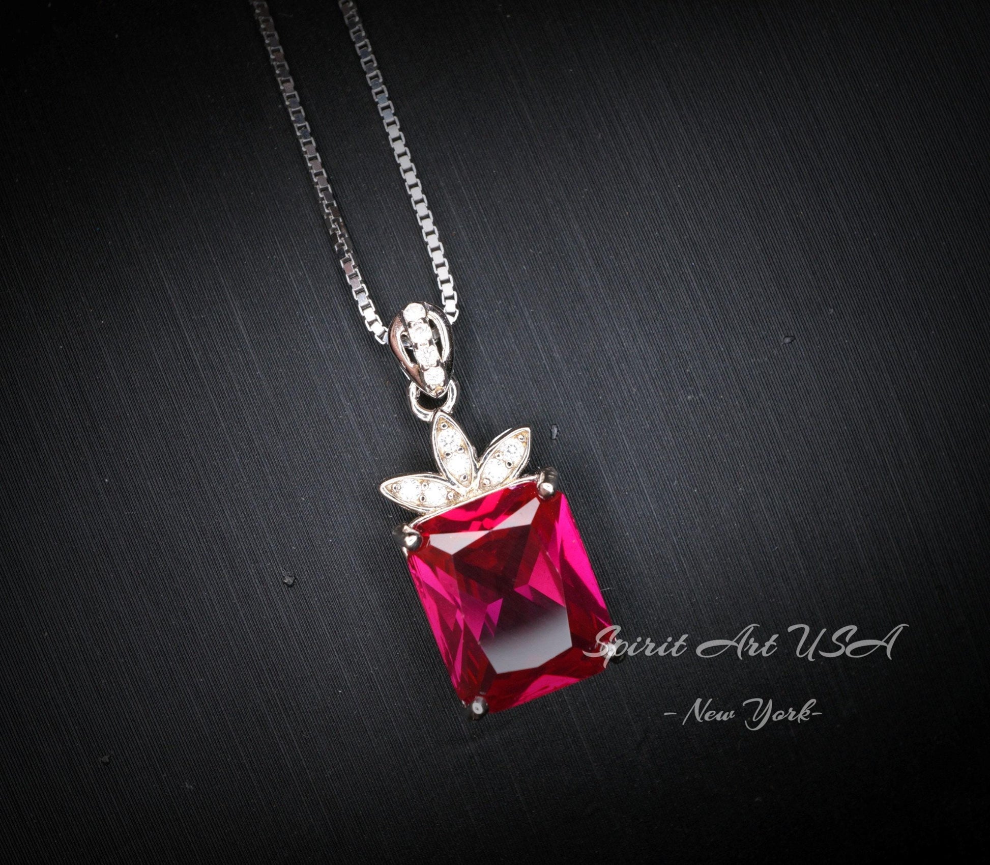Ruby Necklace Sterling Silver - Dainty Rectangle 4.5 CT Red Ruby Gemstone Pendant Jewelry White Gold Coated #623