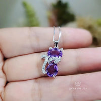 Natural Amethyst Necklace - Sterling Silver Cat Pendant- Purple Stone Gemstone Kitty Kitten Jewelry Crown Chakra Healing #221