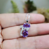Natural Amethyst Necklace - Sterling Silver Cat Pendant- Purple Stone Gemstone Kitty Kitten Jewelry Crown Chakra Healing #221