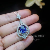 Blue Sapphire Necklace - Spirit Royal Flower Jewelry - 5 Ct Radiant Cut Large Blue Sapphire Pendant - 18KGP Sterling Silver #872