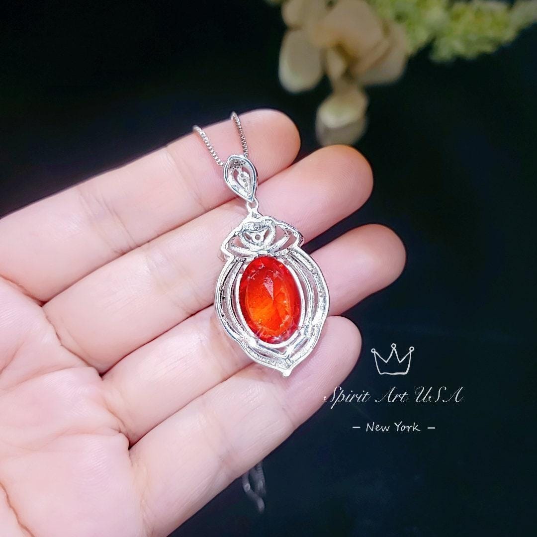 Large Sunstone Necklace, Full Sterling Silver Royal Gemstone Crown Created Orange Gemstone 13CT Sun Stone Pendant Jewelry #912