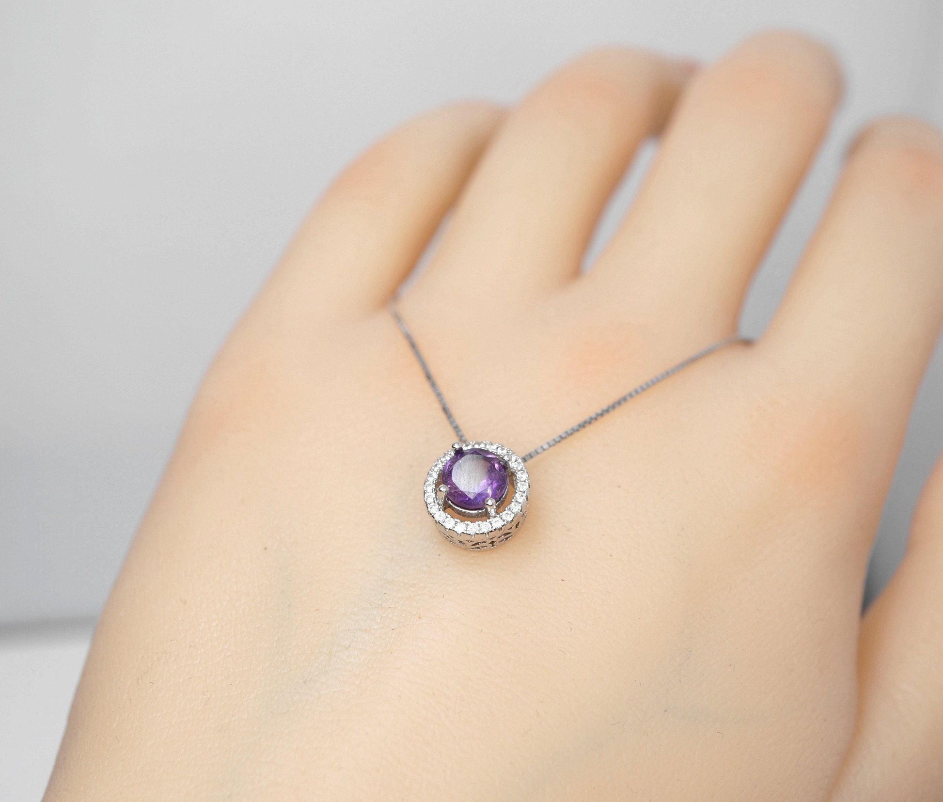 Tiny natural Amethyst Choker Sterling Silver Round Circle Natural Genuine Amethyst Necklace