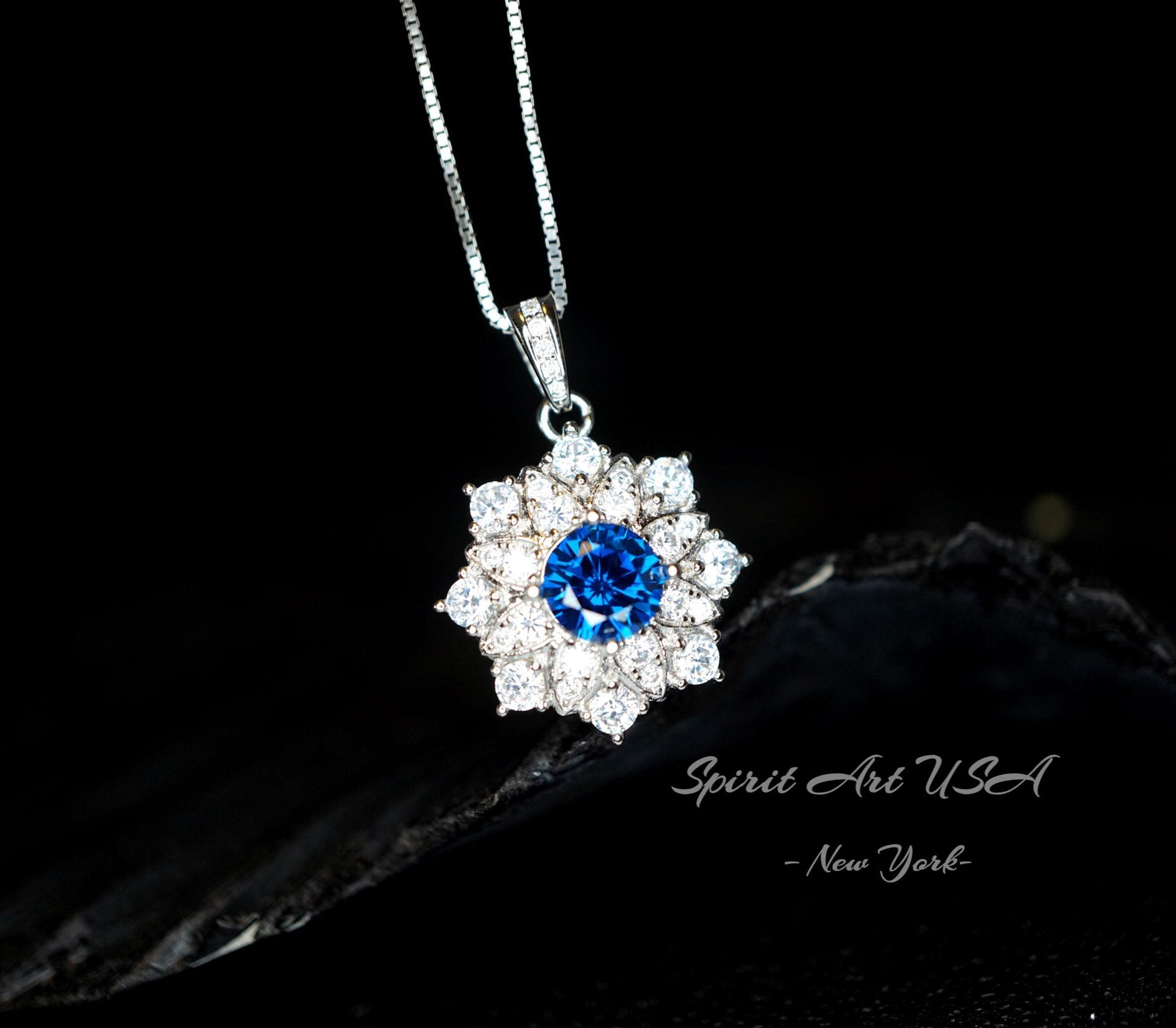 Blue Sapphire Necklace Gemstone Eight Petal Flower Necklace - Snowflake Pendant 18KGP @ Sterling Silver September Birthstone #944