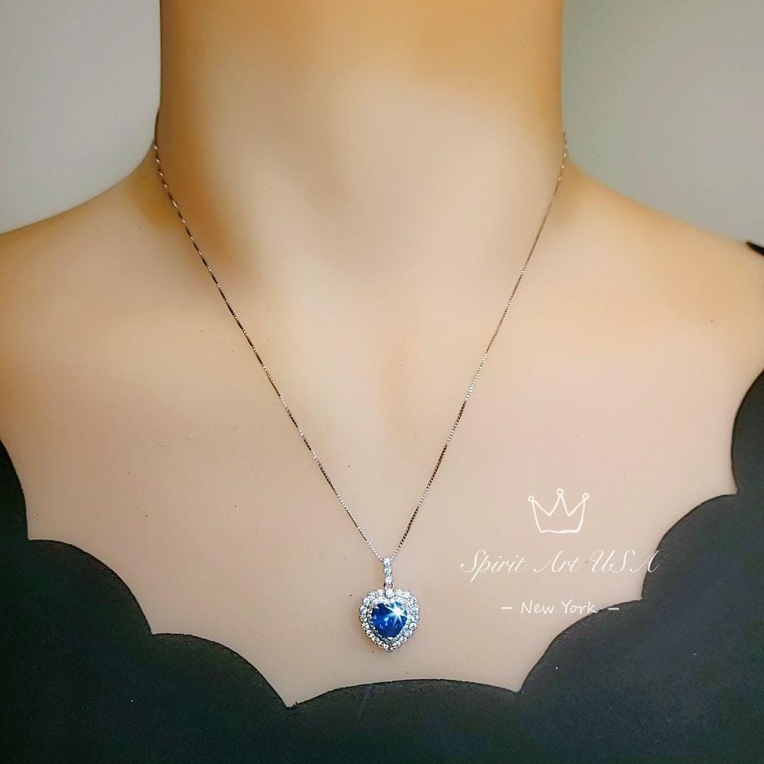 Blue Sapphire Heart Necklace - Double Halo Gemstone Sapphire Pendant - Sterling Silver White Gold Plated 1.8 CT Blue Gemstone Jewelry #389