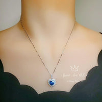 Blue Sapphire Heart Necklace - Double Halo Gemstone Sapphire Pendant - Sterling Silver White Gold Plated 1.8 CT Blue Gemstone Jewelry #389