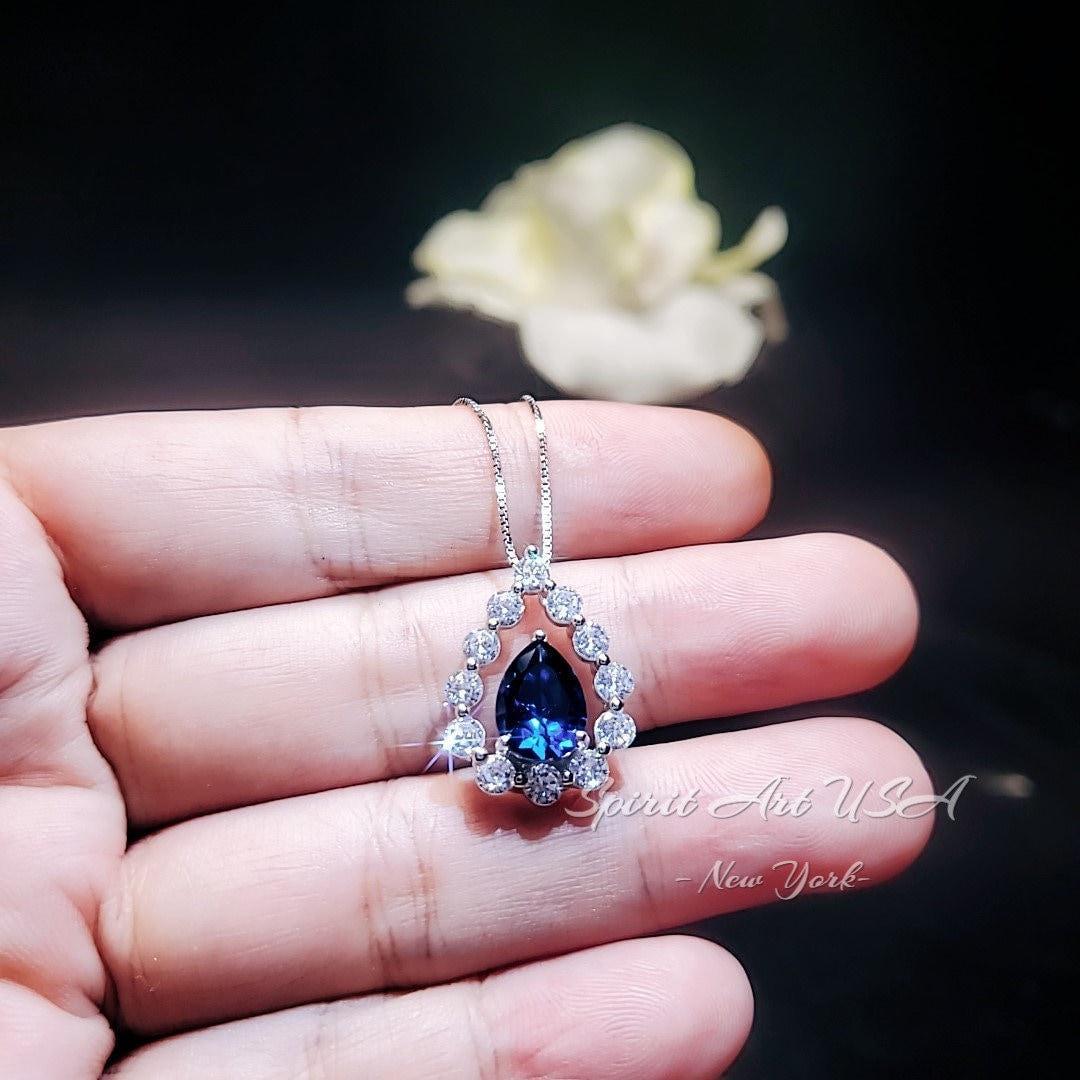 Blue Sapphire Necklace 18kgp Sterling Silver - Gemstone Halo - Teardrop Blue Sapphire Pendant - September Birthstone - Pear Cut 2.6 CT #954