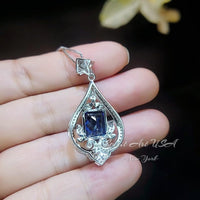 Blue Sapphire Necklace - Spirit Royal Flower Jewelry - 5 Ct Radiant Cut Large Blue Sapphire Pendant - 18KGP Sterling Silver #872