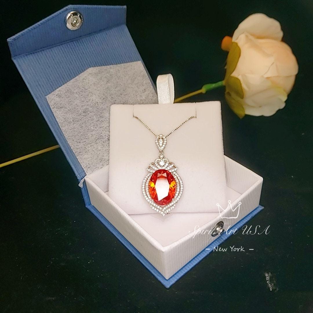 Large Sunstone Necklace, Full Sterling Silver Royal Gemstone Crown Created Orange Gemstone 13CT Sun Stone Pendant Jewelry #912