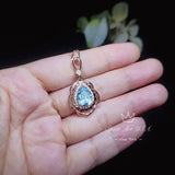 Sky Blue Aquamarine Necklace - Rose Gold Coated sterling Silver Flower Teardrop Large Aquamarine Pendant #639