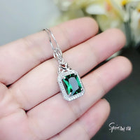 Emerald Necklace - Rectangle Gemstone Sterling Silver 3.5 CT Green Gemstone Pendant White Gold Plated #324