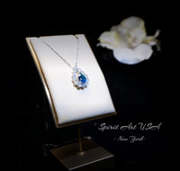 Blue Sapphire Necklace 18kgp Sterling Silver - Gemstone Halo - Teardrop Blue Sapphire Pendant - September Birthstone - Pear Cut 2.6 CT #954