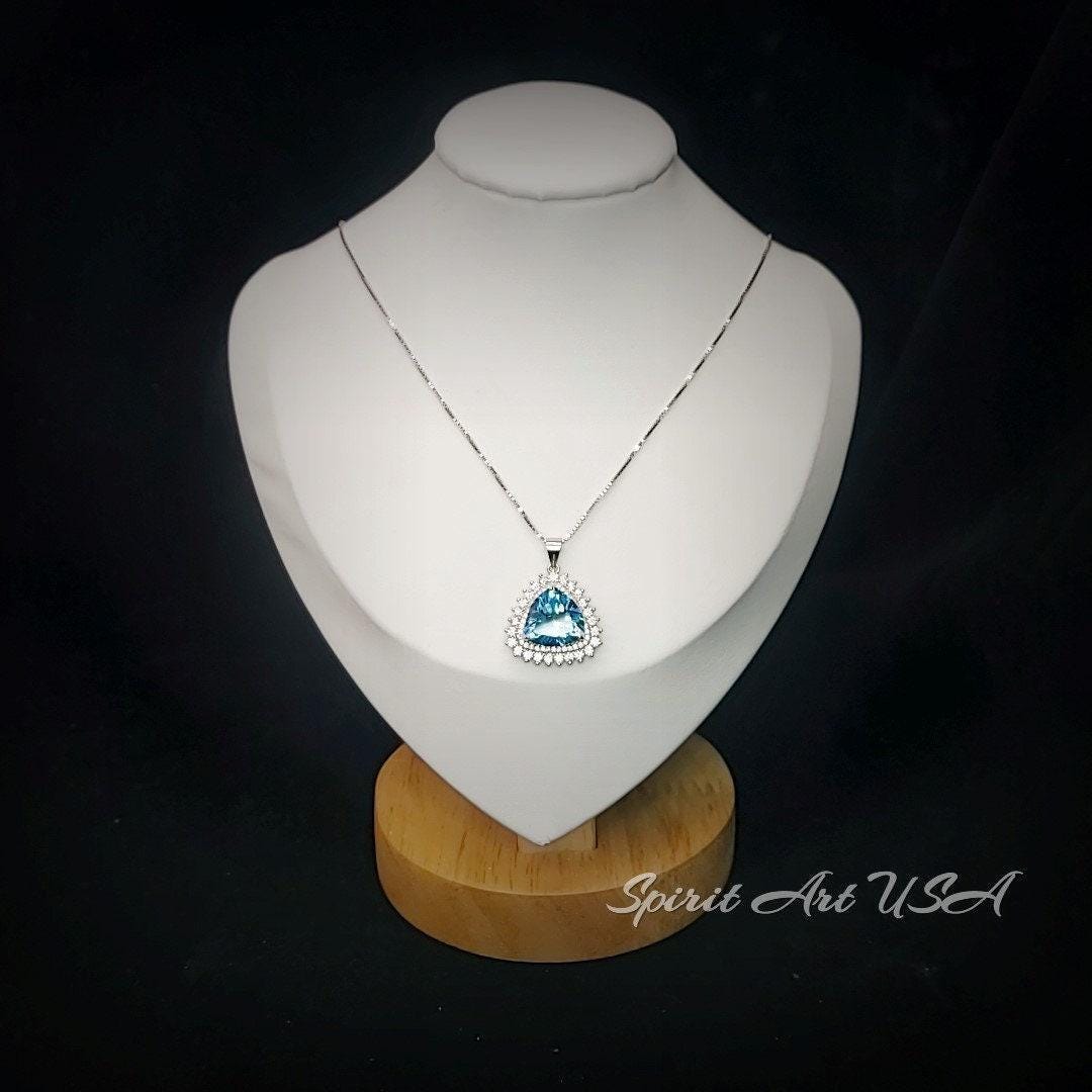Large Trillion Cut Aquamarine Necklace - Brilliant Double Gemstone Halo 10CT Blue Aquamarine Pendant - 18kgp @ Sterling Silver #754