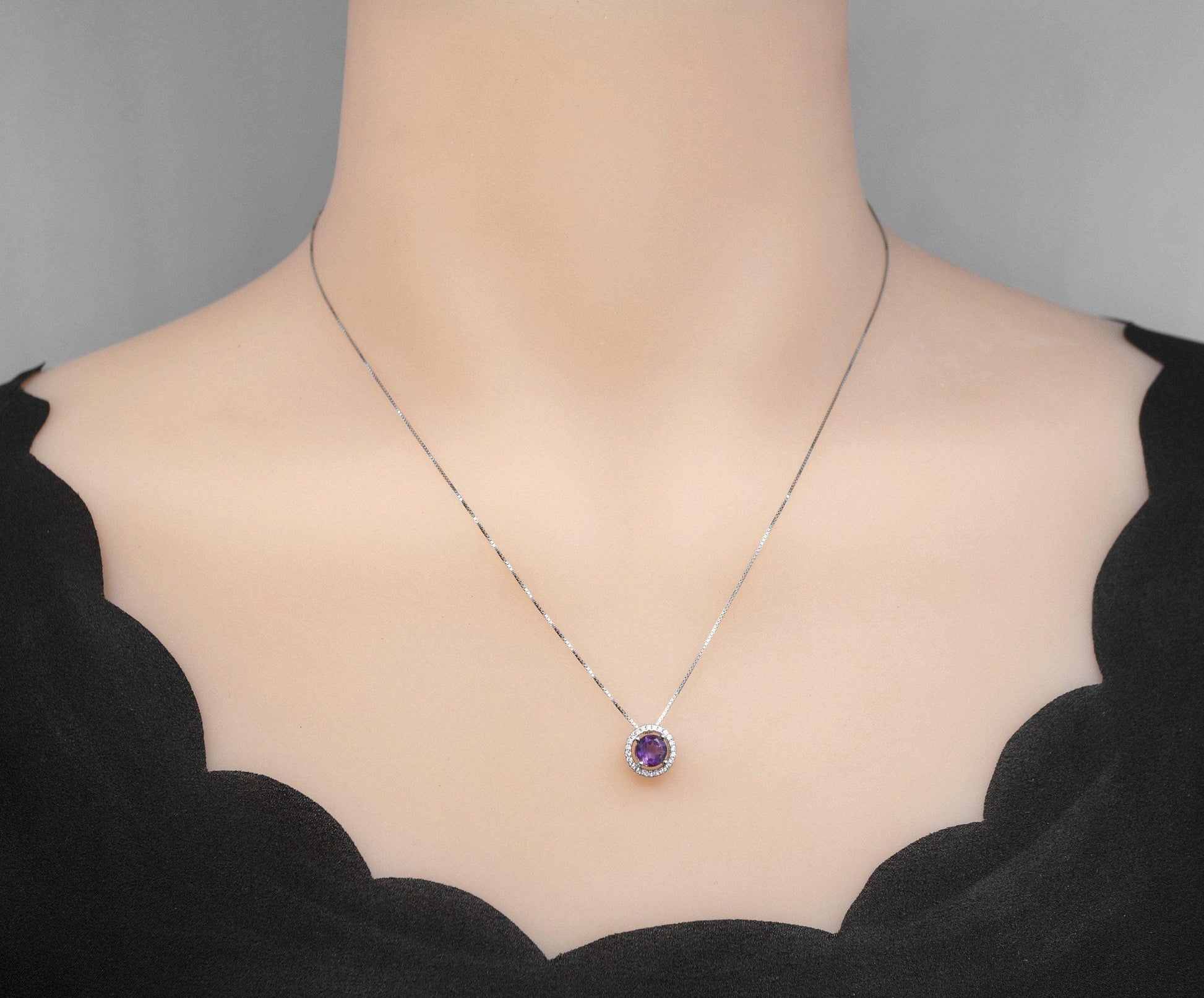 Tiny natural Amethyst Choker Sterling Silver Round Circle Natural Genuine Amethyst Necklace