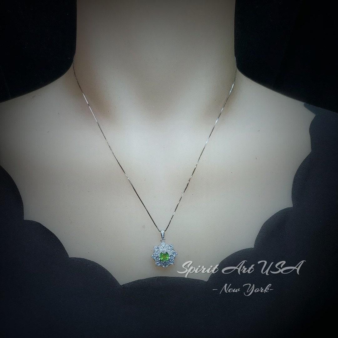 Genuine Green Peridot Necklace, Gemstone Snow Flower Pendant - 18kgp@ Sterling Silver, Natural Peridot Pendant August Birthstone #974