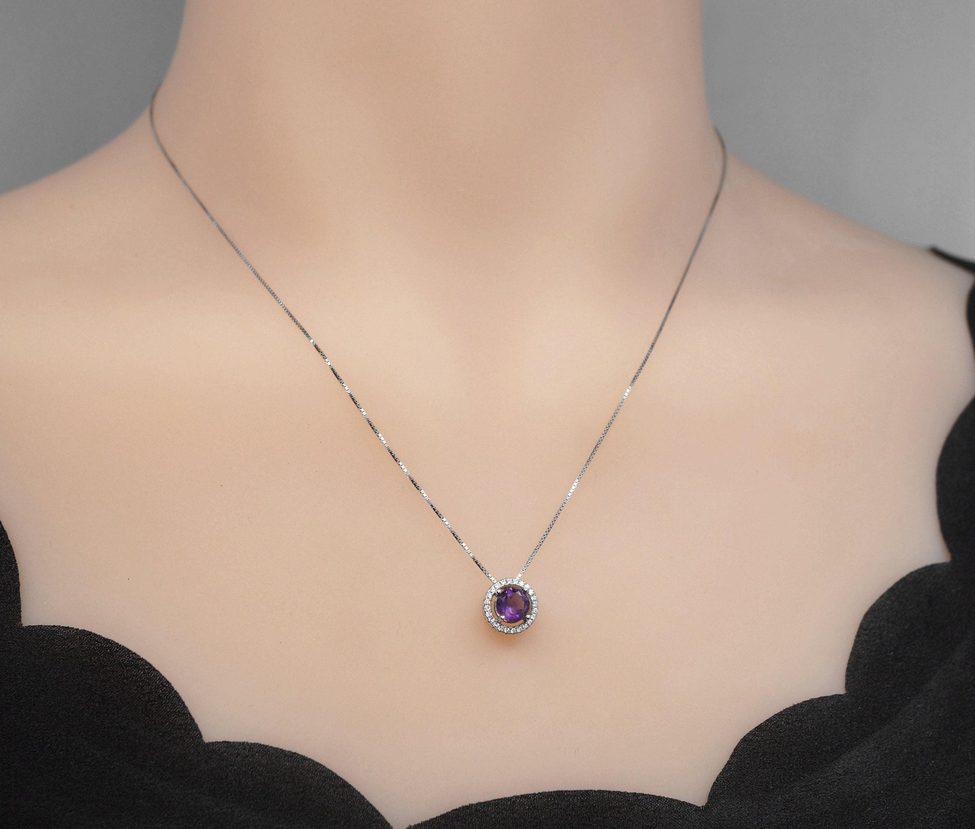 Tiny natural Amethyst Choker Sterling Silver Round Circle Natural Genuine Amethyst Necklace