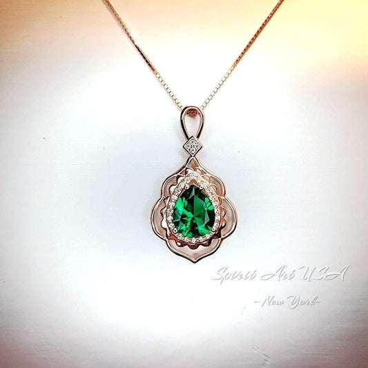 Teardrop Emerald Necklace Rose Gold Diamond Feather Leaf Green Gems Pendant Sterling Silver Pear Emerald Jewelry May Birthstone 2.75 CT #544