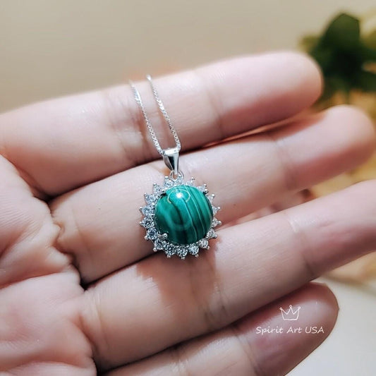 Genuine Malachite Necklace - High Quality Dainty Sterling Silver Princess Diana Style Gemstone Sunflower Style Natural Malachite #359