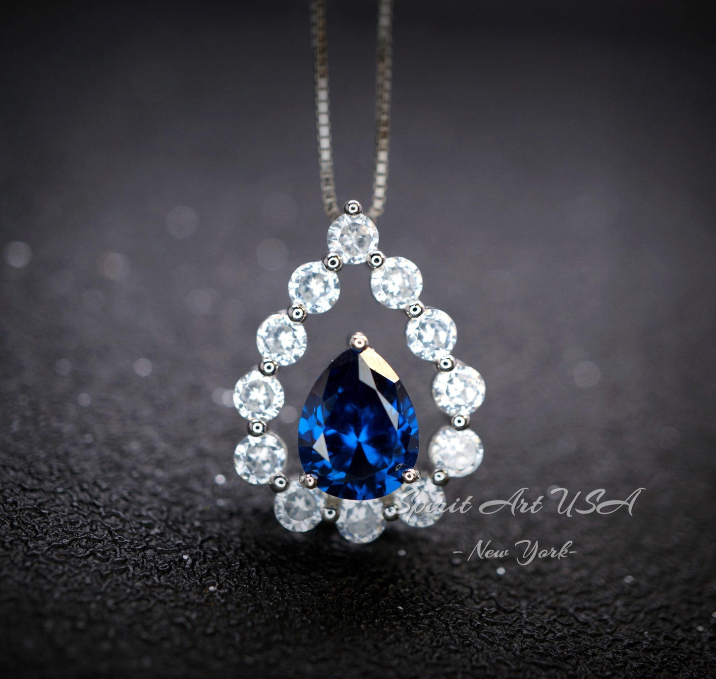 Blue Sapphire Necklace 18kgp Sterling Silver - Gemstone Halo - Teardrop Blue Sapphire Pendant - September Birthstone - Pear Cut 2.6 CT #954
