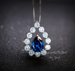 Blue Sapphire Necklace 18kgp Sterling Silver - Gemstone Halo - Teardrop Blue Sapphire Pendant - September Birthstone - Pear Cut 2.6 CT #954