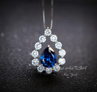 Blue Sapphire Necklace 18kgp Sterling Silver - Gemstone Halo - Teardrop Blue Sapphire Pendant - September Birthstone - Pear Cut 2.6 CT #954